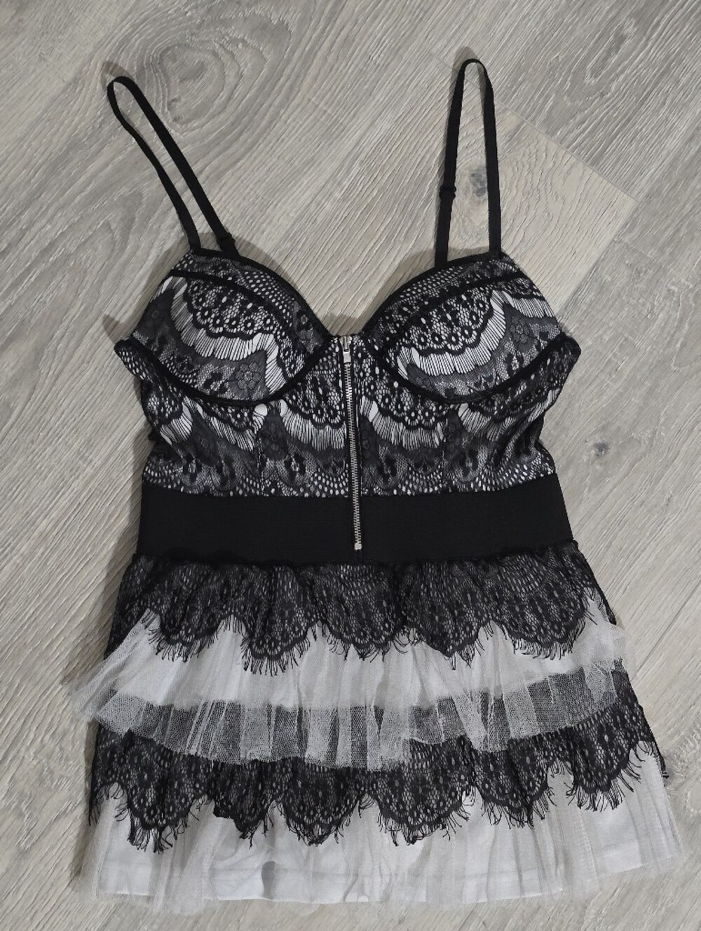 Rachael & Chloe Black Lace and White Mesh Zipper Bralette Chemise